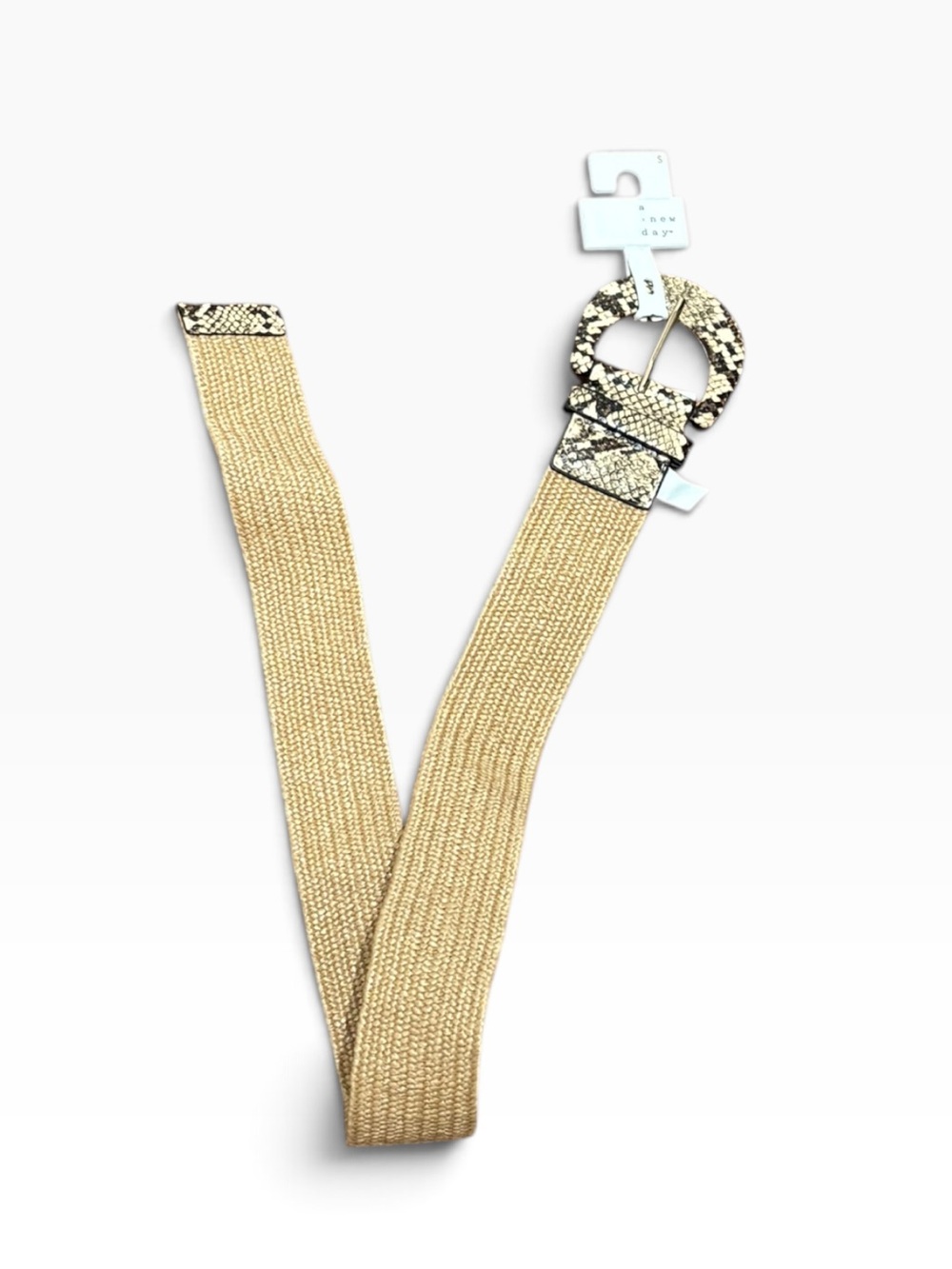 A New Day Beige Elastic Waist Belt with Snake-Print Buckle, NEW